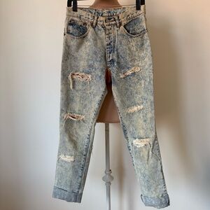 Roots by 4-X Vintage 90s Y2K Acid Wash Blue Distressed Leather Patch Jeans Sz 31